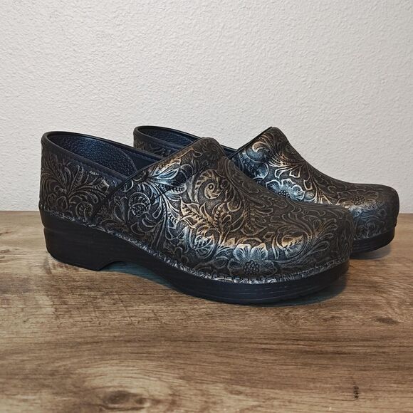 Dansko Shoes Womens Size 41 10.5 Black Metallic Professional Clogs Tooled - Picture 2 of 12